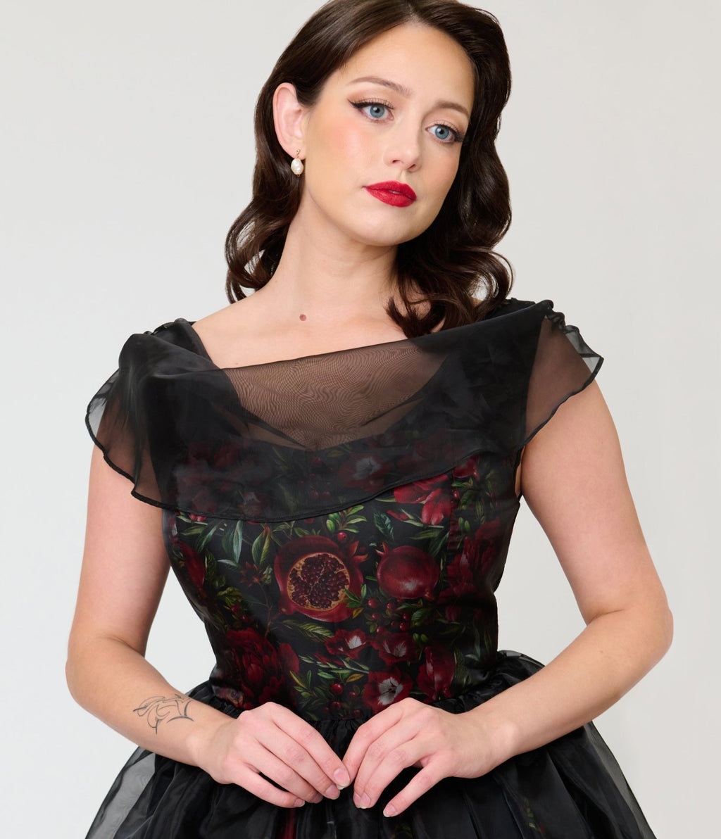 Unique Vintage Black Pomegranates Vicky Swing Dress - Unique Vintage - Swing Dresses