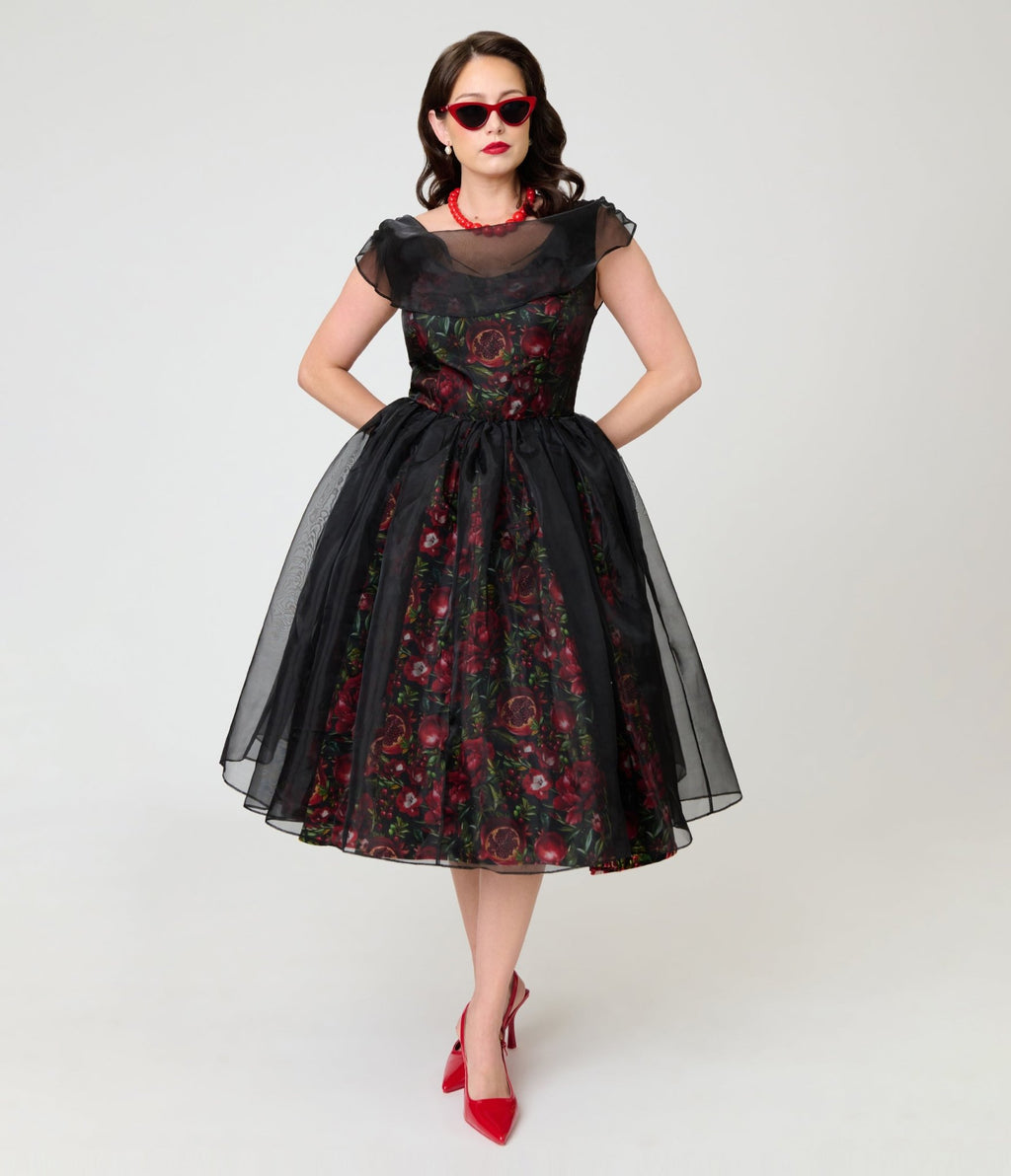 Unique Vintage Black Pomegranates Vicky Swing Dress - Unique Vintage - Swing Dresses