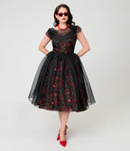 Unique Vintage Black Pomegranates Vicky Swing Dress - Unique Vintage - Swing Dresses