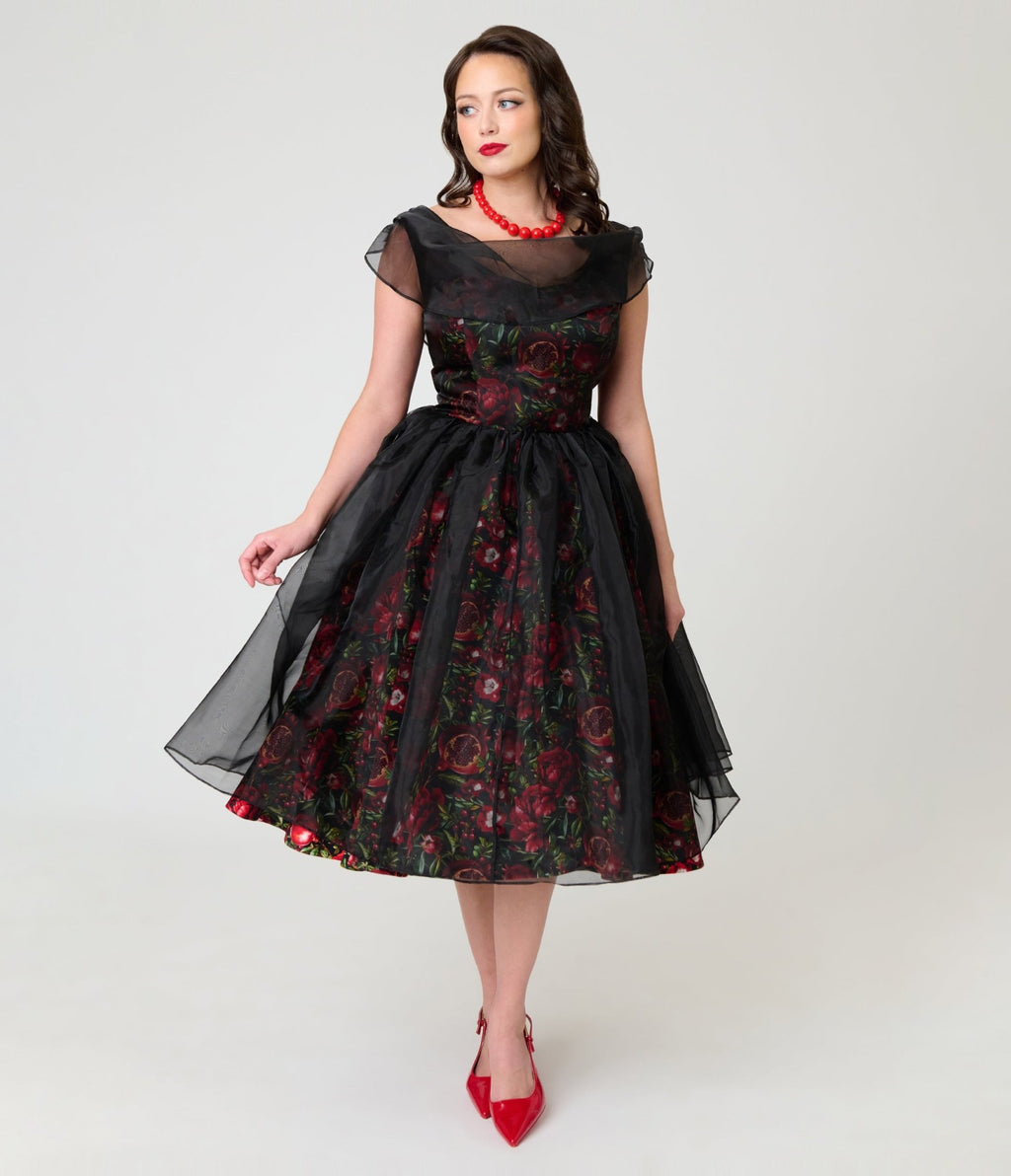 Unique Vintage Black Pomegranates Vicky Swing Dress - Unique Vintage - Swing Dresses