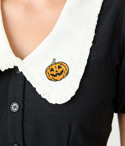 Unique Vintage Black Pumpkin Embroidered Oversized Collar Blouse - Unique Vintage - Womens, TOPS, WOVEN TOPS