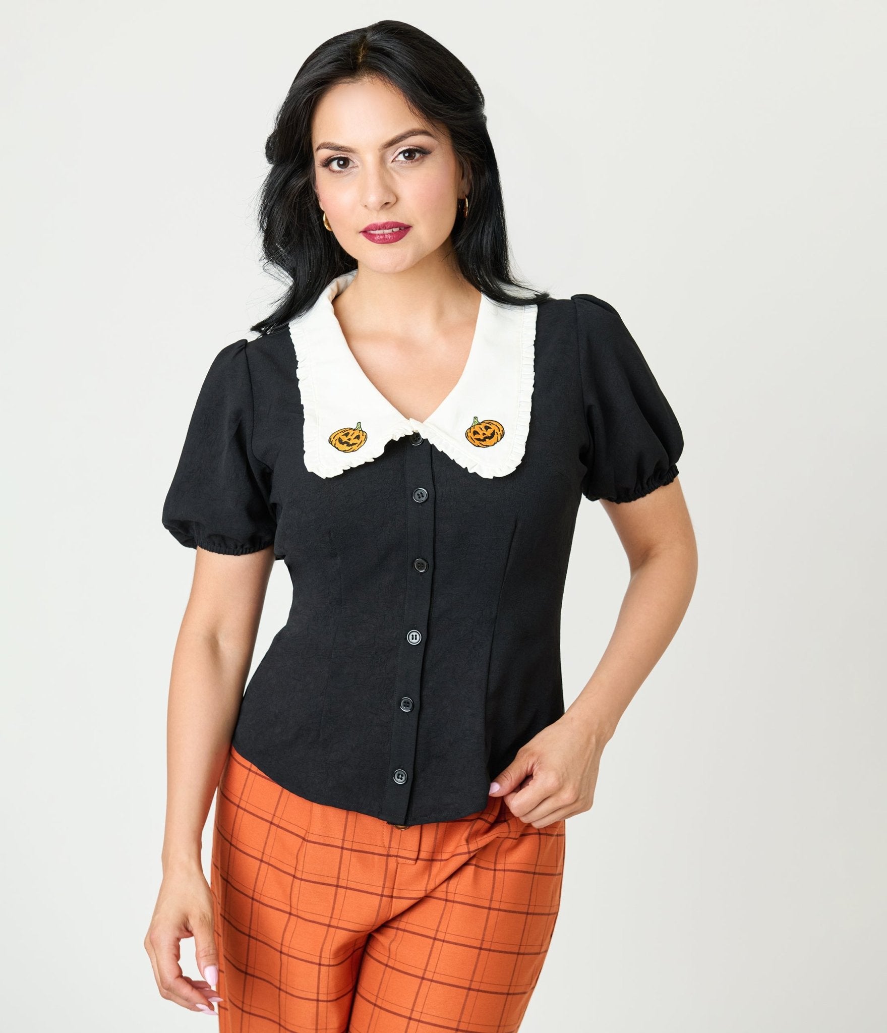 Unique Vintage Black Pumpkin Embroidered Oversized Collar Blouse - Unique Vintage - Womens, TOPS, WOVEN TOPS