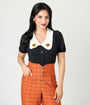Unique Vintage Black Pumpkin Embroidered Oversized Collar Blouse