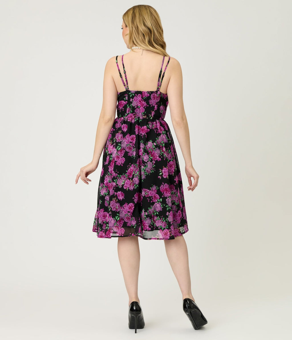 Unique Vintage Black & Purple Floral Reed Swing Dress - Unique Vintage - Womens, DRESSES, SWING