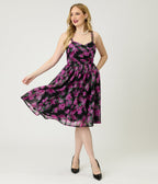 Unique Vintage Black & Purple Floral Reed Swing Dress - Unique Vintage - Womens, DRESSES, SWING