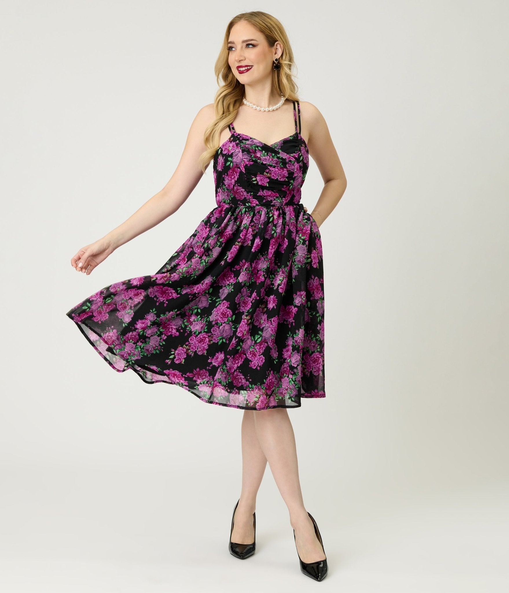 Unique Vintage Black & Purple Floral Reed Swing Dress - Unique Vintage - Womens, DRESSES, SWING