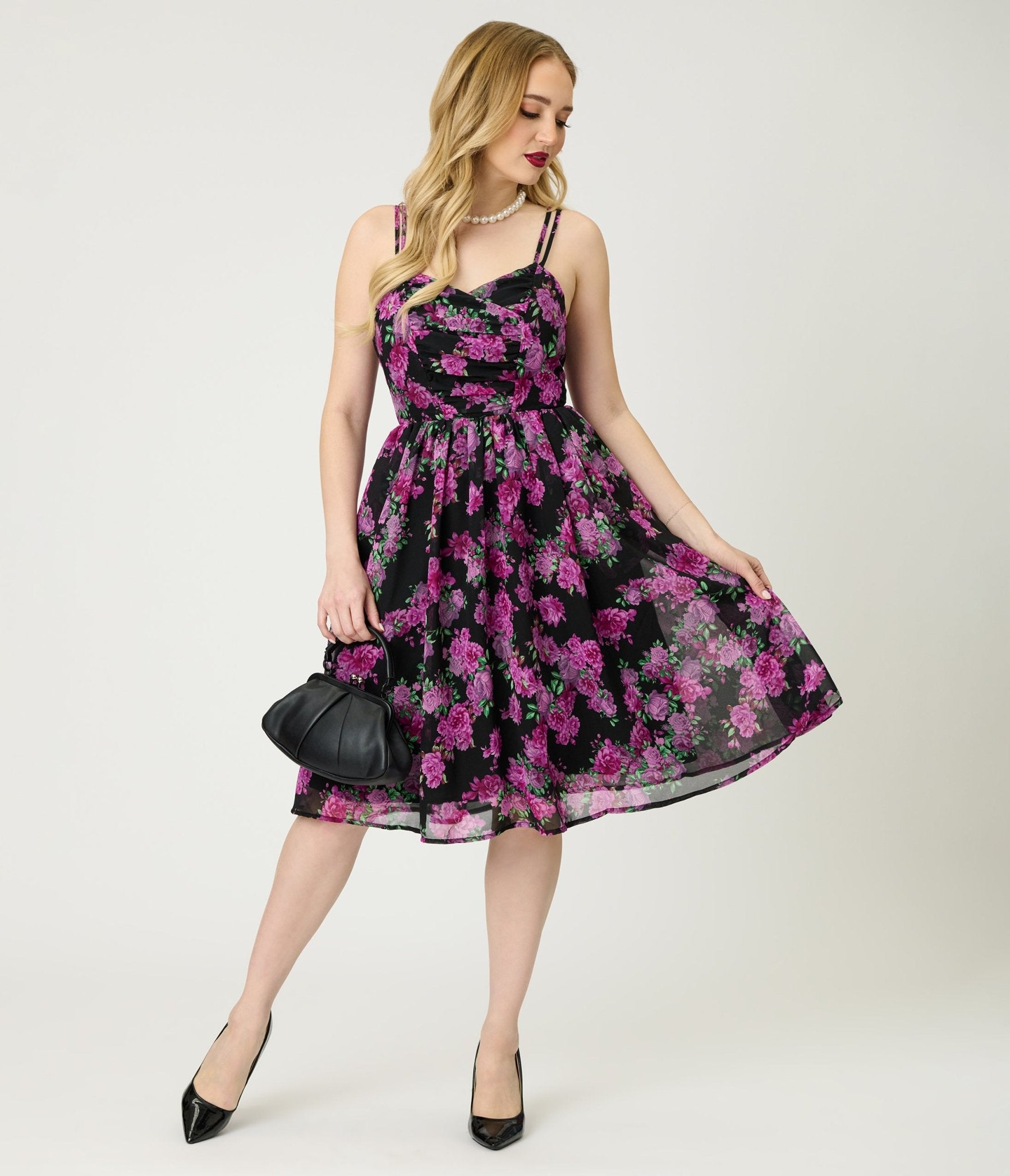 Unique Vintage Black & Purple Floral Reed Swing Dress - Unique Vintage - Womens, DRESSES, SWING