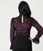 Unique Vintage Black & Purple Floral Velvet Burnout Donna Blouse - Unique Vintage - Womens, TOPS, KNIT TOPS