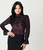 Unique Vintage Black & Purple Floral Velvet Burnout Donna Blouse - Unique Vintage - Womens, TOPS, KNIT TOPS