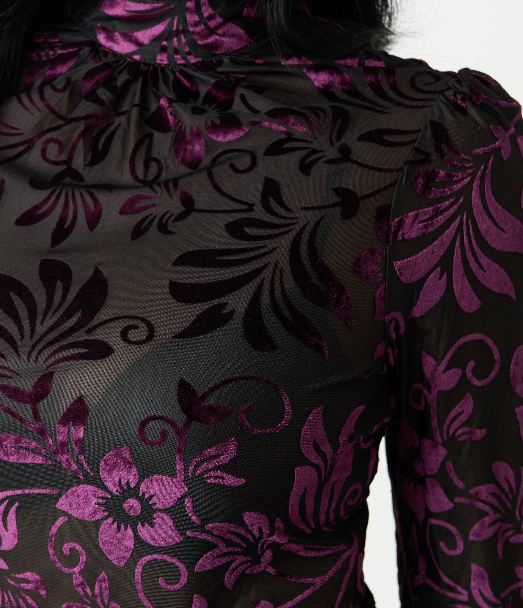 Unique Vintage Black & Purple Floral Velvet Burnout Donna Blouse - Unique Vintage - Womens, TOPS, KNIT TOPS
