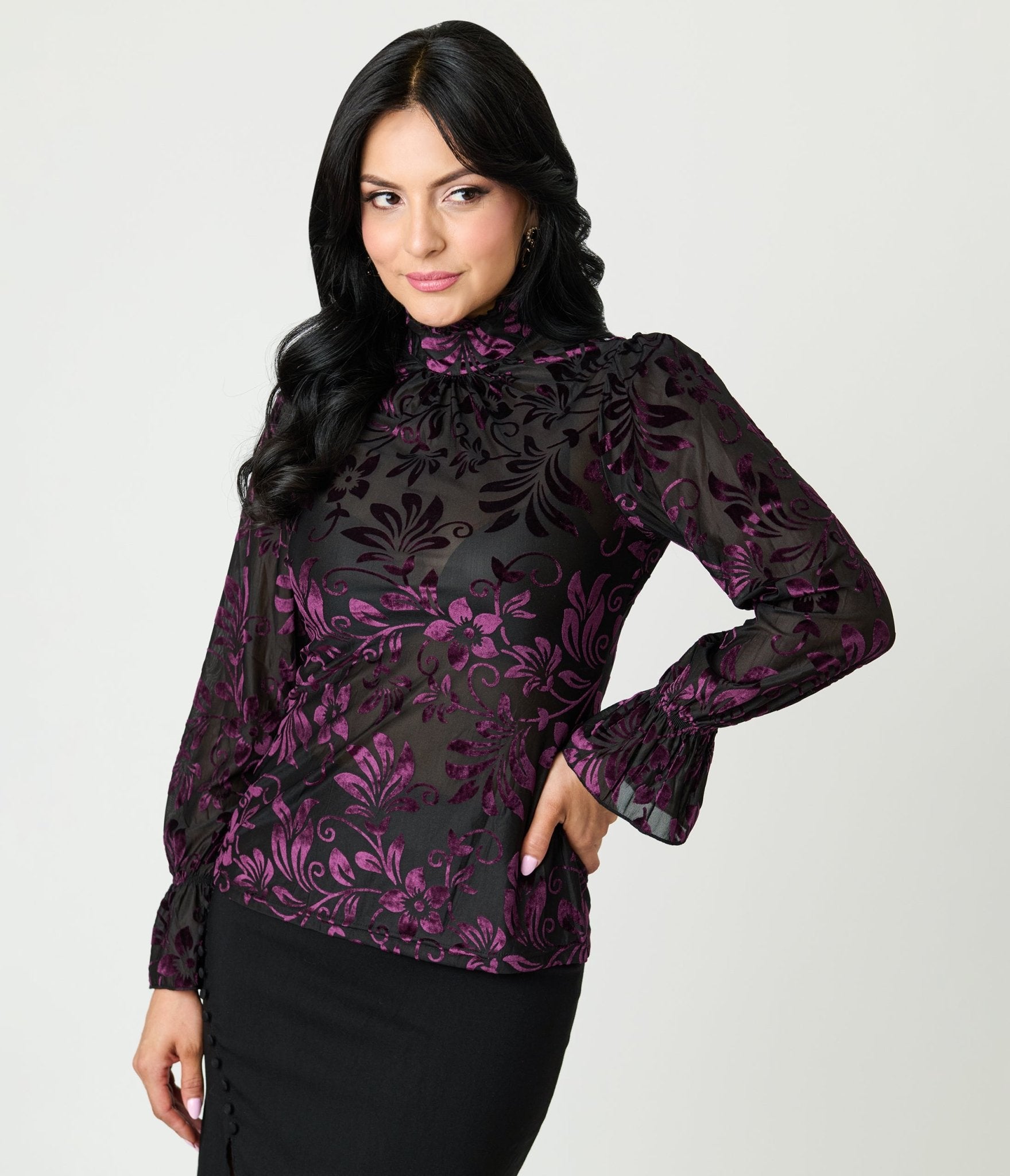 Unique Vintage Black & Purple Floral Velvet Burnout Donna Blouse - Unique Vintage - Womens, TOPS, KNIT TOPS