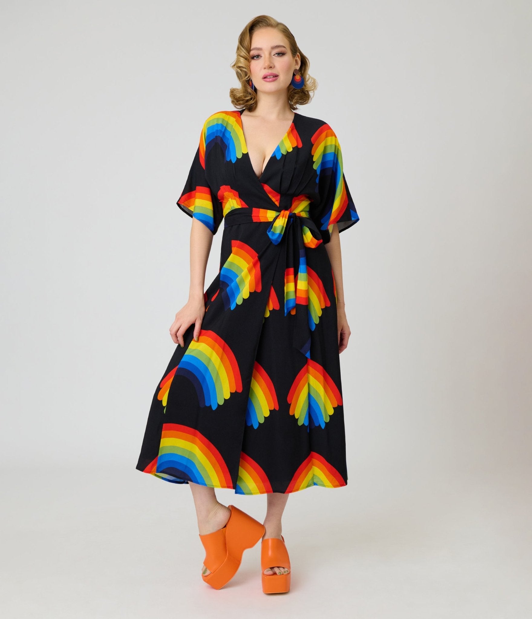Unique Vintage Black Rainbow Wrap Midi Dress Unique Vintage Black Rainbow Wrap Midi Dress