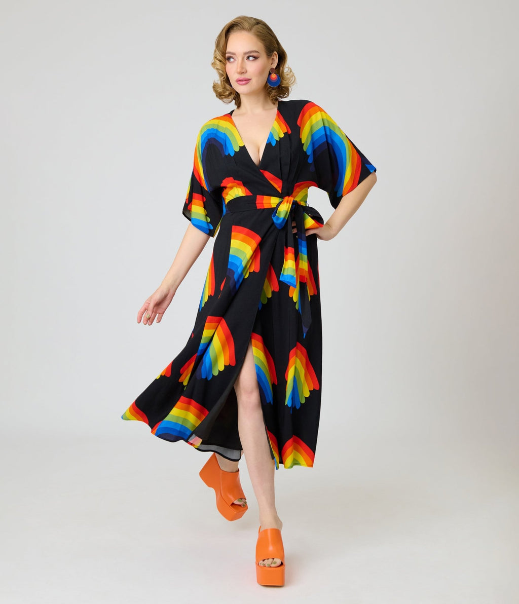 Unique Vintage Black Rainbow Wrap Midi Dress - Unique Vintage - Womens, DRESSES, MIDI
