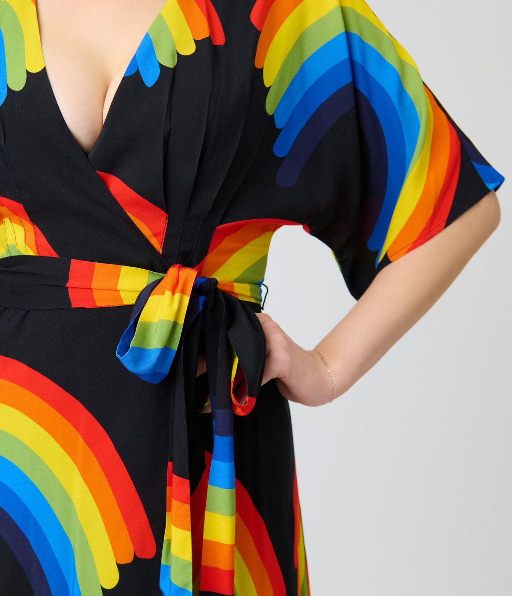 Unique Vintage Black Rainbow Wrap Midi Dress - Unique Vintage - Womens, DRESSES, MIDI