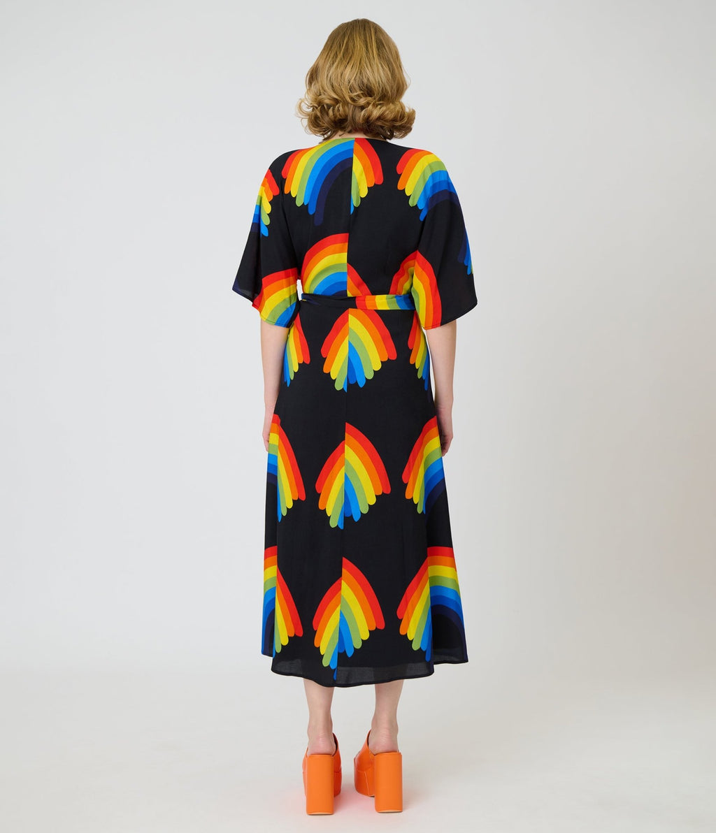 Unique Vintage Black Rainbow Wrap Midi Dress - Unique Vintage - Womens, DRESSES, MIDI