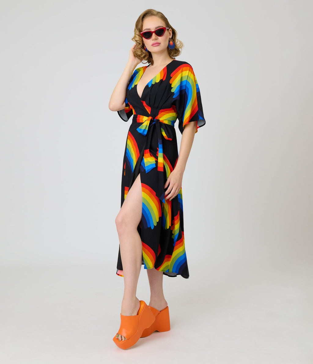 Unique Vintage Black Rainbow Wrap Midi Dress - Unique Vintage - Womens, DRESSES, MIDI