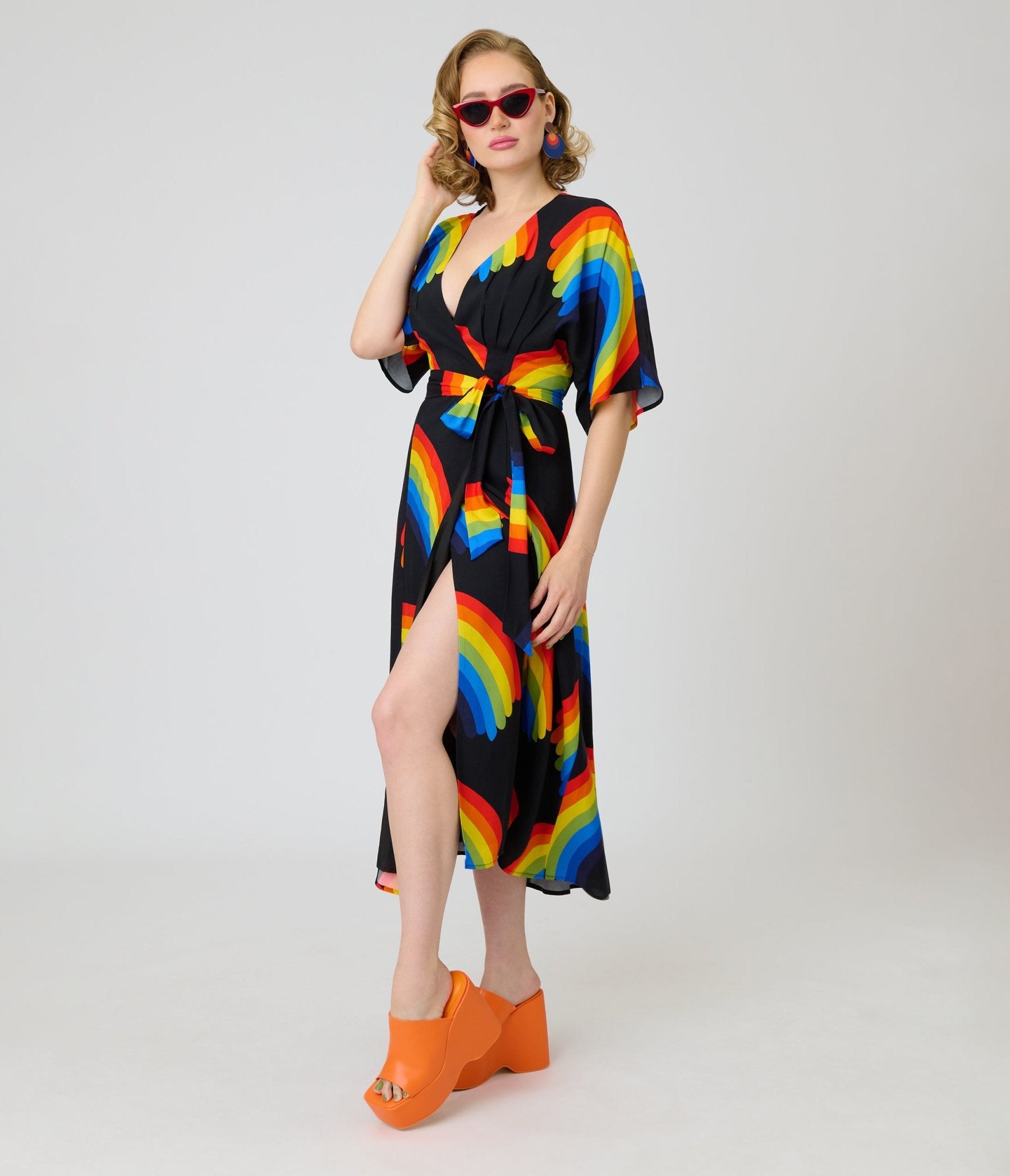 Unique Vintage Black Rainbow Wrap Angelique Midi Dress