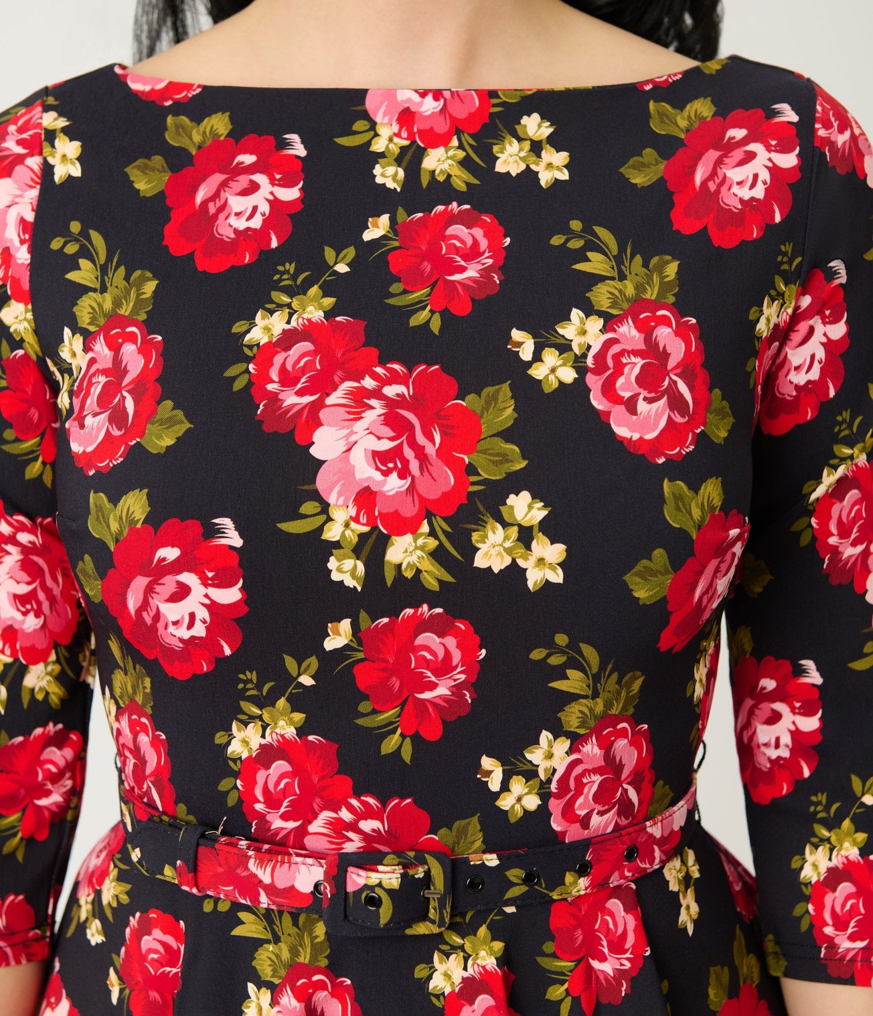 Unique Vintage Black & Red Cabbage Rose Devon Swing Dress - Unique Vintage - Womens, DRESSES, SWING