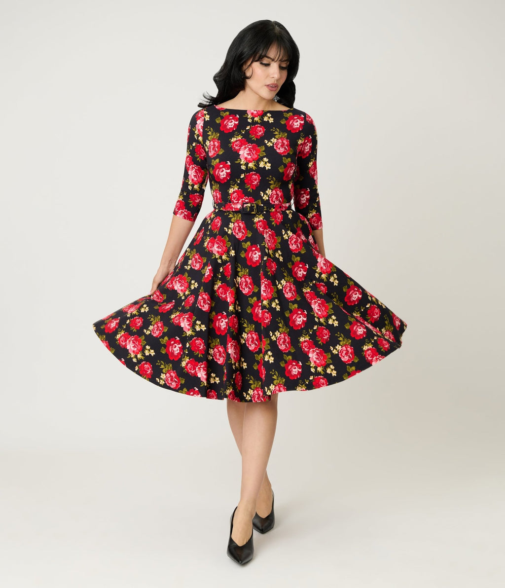 Unique Vintage Black & Red Cabbage Rose Devon Swing Dress