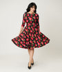 Unique Vintage Black & Red Cabbage Rose Devon Swing Dress