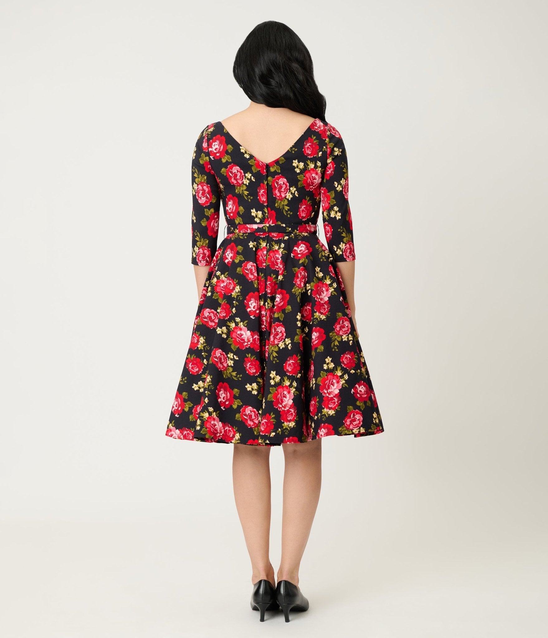 Unique Vintage Black & Red Cabbage Rose Devon Swing Dress - Unique Vintage - Womens, DRESSES, SWING