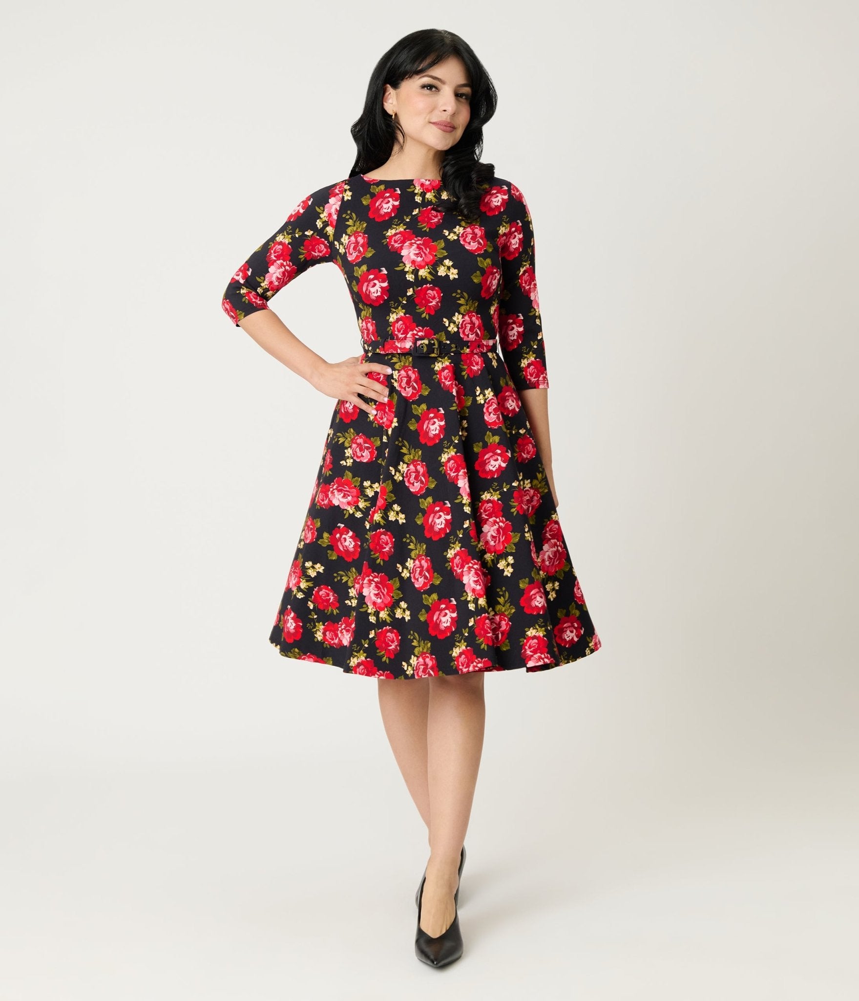 Unique Vintage Black & Red Cabbage Rose Devon Swing Dress - Unique Vintage - Womens, DRESSES, SWING