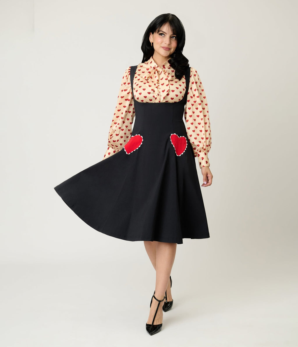 Unique Vintage Black & Red Heart Amma Swing Skirt - Unique Vintage - Womens, BOTTOMS, SKIRTS