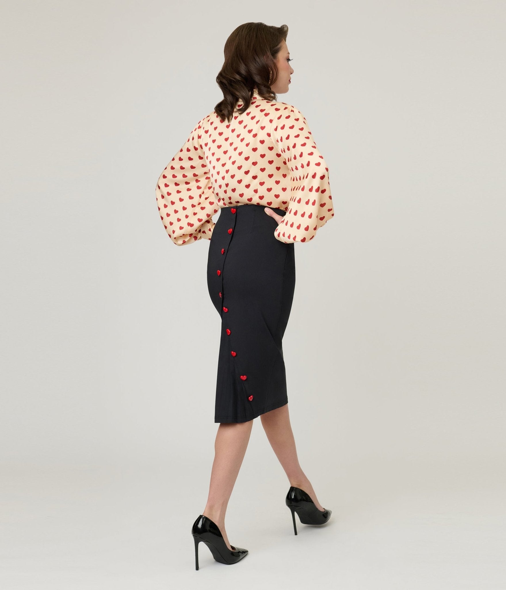 Unique Vintage Black & Red Heart Button Pencil Skirt - Unique Vintage - Womens, BOTTOMS, SKIRTS