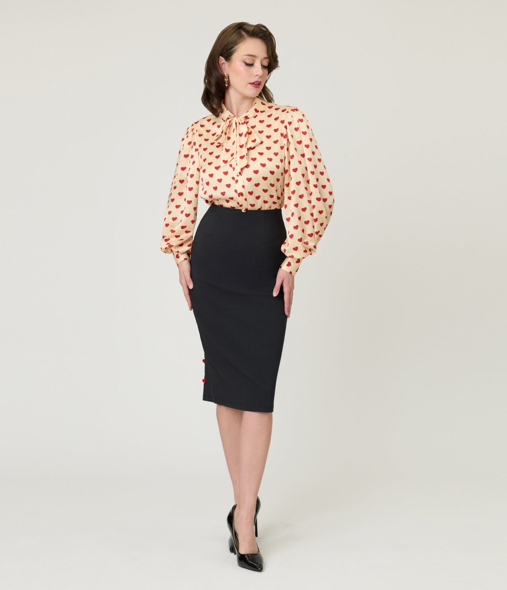 Unique Vintage Black & Red Heart Button Pencil Skirt - Unique Vintage - Womens, BOTTOMS, SKIRTS