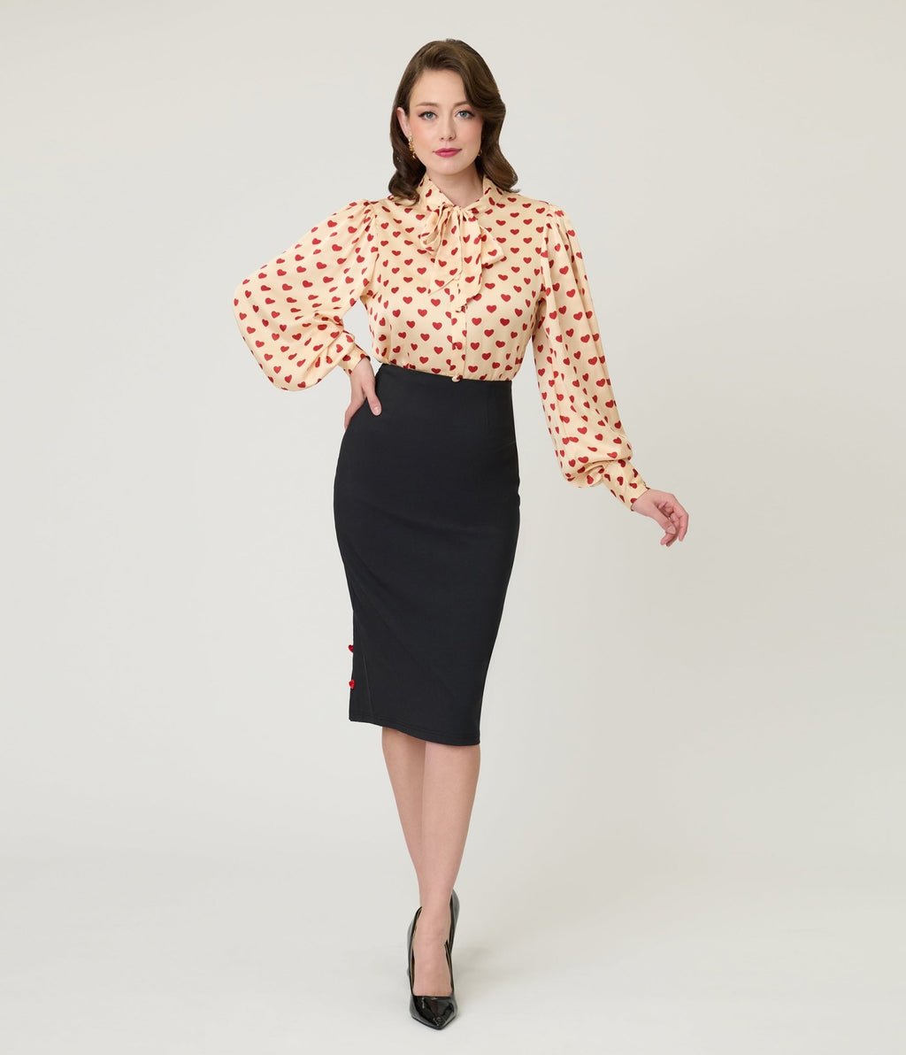 Unique Vintage Black & Red Heart Button Pencil Skirt - Unique Vintage - Womens, BOTTOMS, SKIRTS