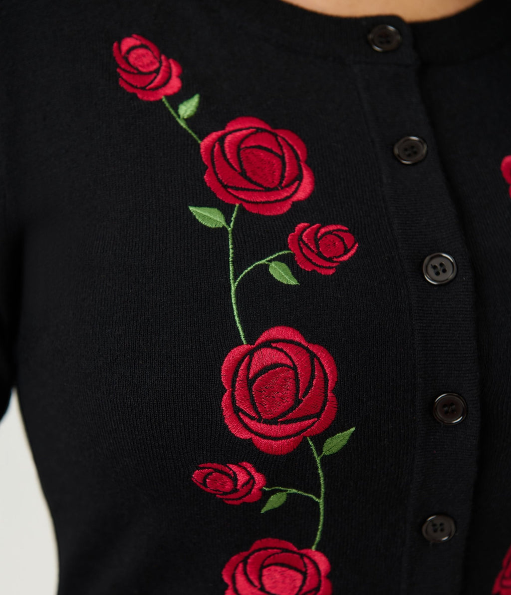 Unique Vintage Black & Red Roses Bookworm Cardigan - Unique Vintage - Womens, TOPS, SWEATERS