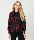 Unique Vintage Black & Red Roses Long Sleeve Gwen Blouse - Unique Vintage - Womens, TOPS, WOVEN TOPS