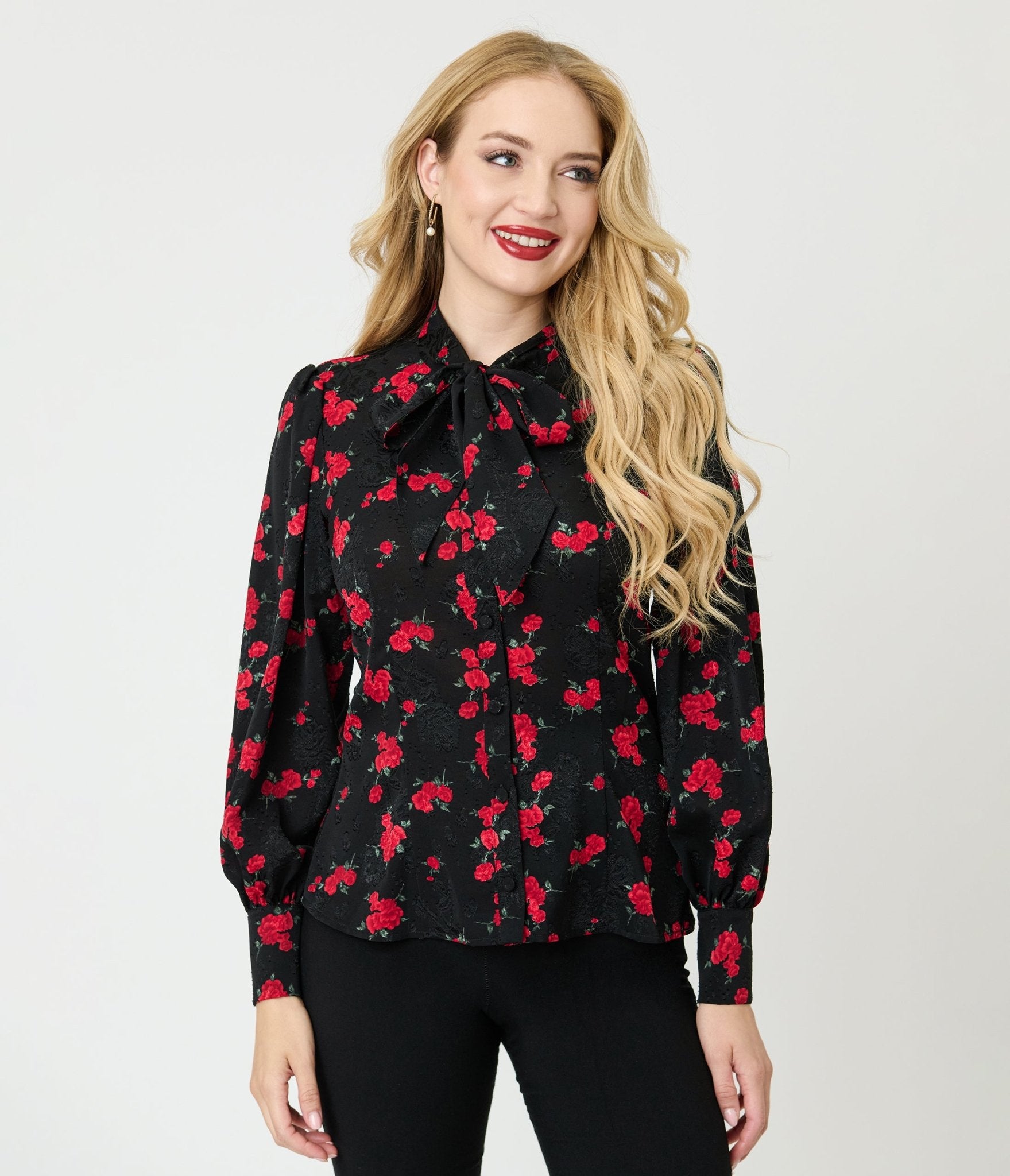 Unique Vintage Black & Red Roses Long Sleeve Gwen Blouse - Unique Vintage - Womens, TOPS, WOVEN TOPS