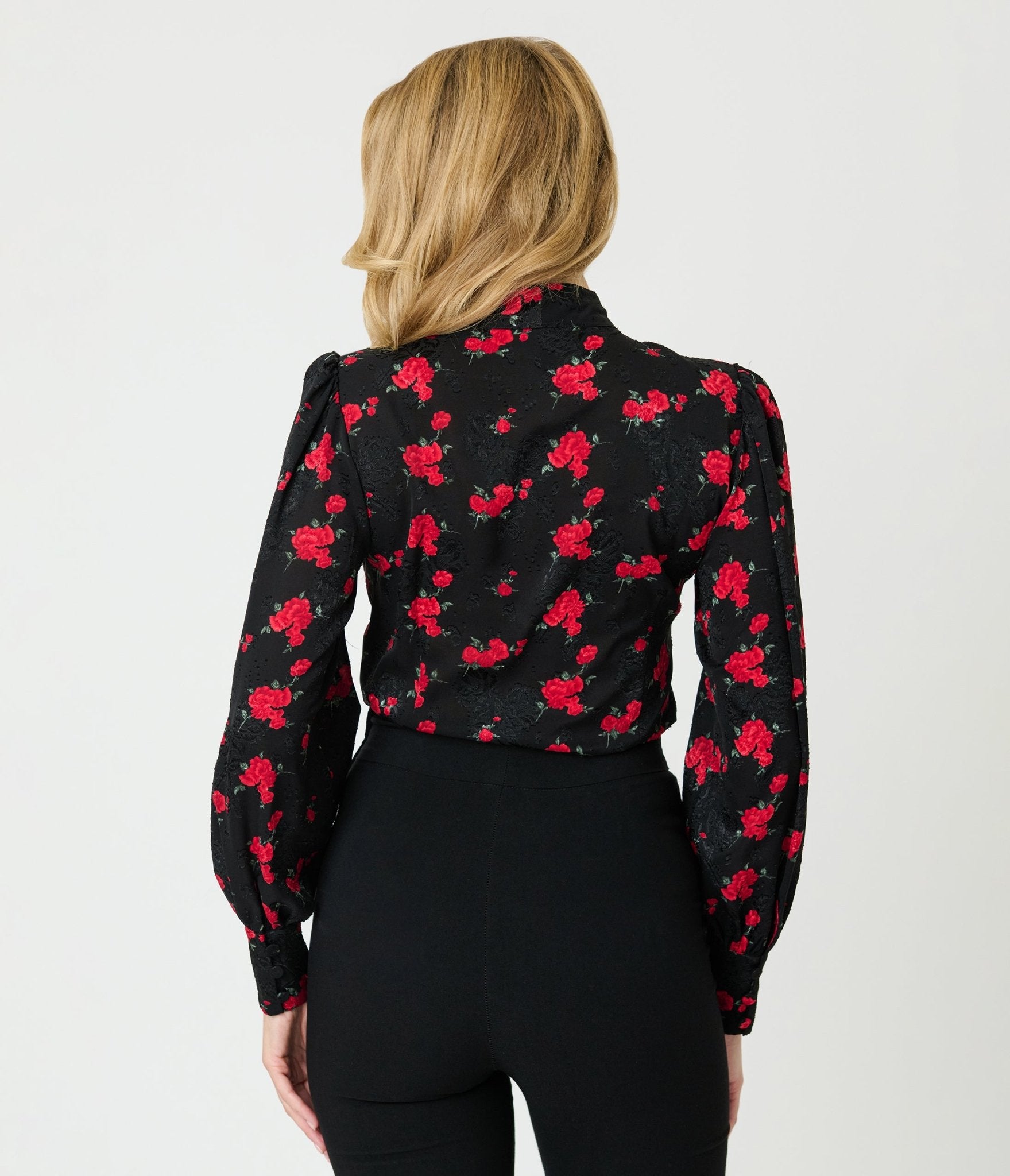 Unique Vintage Black & Red Roses Long Sleeve Gwen Blouse - Unique Vintage - Womens, TOPS, WOVEN TOPS