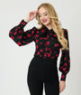 Unique Vintage Black & Red Roses Long Sleeve Gwen Blouse