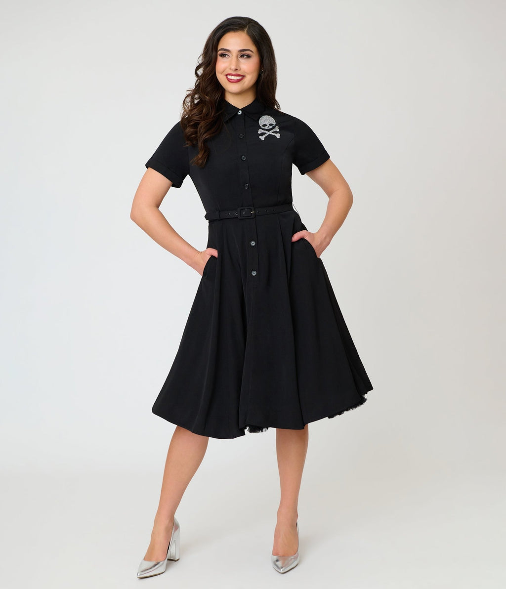 Unique Vintage Black & Rhinestone Skull Shadia Shirt Dress - Unique Vintage - Womens, DRESSES, SWING
