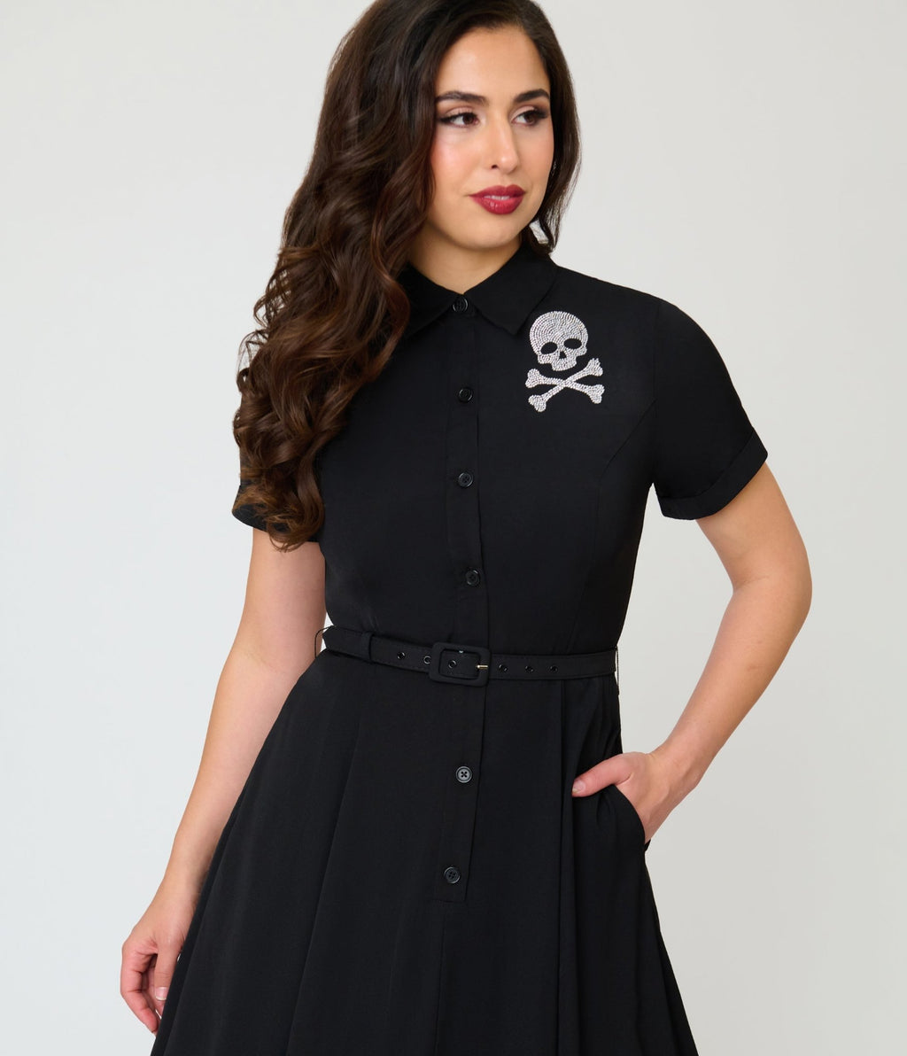 Unique Vintage Black & Rhinestone Skull Shadia Shirt Dress - Unique Vintage - Womens, DRESSES, SWING