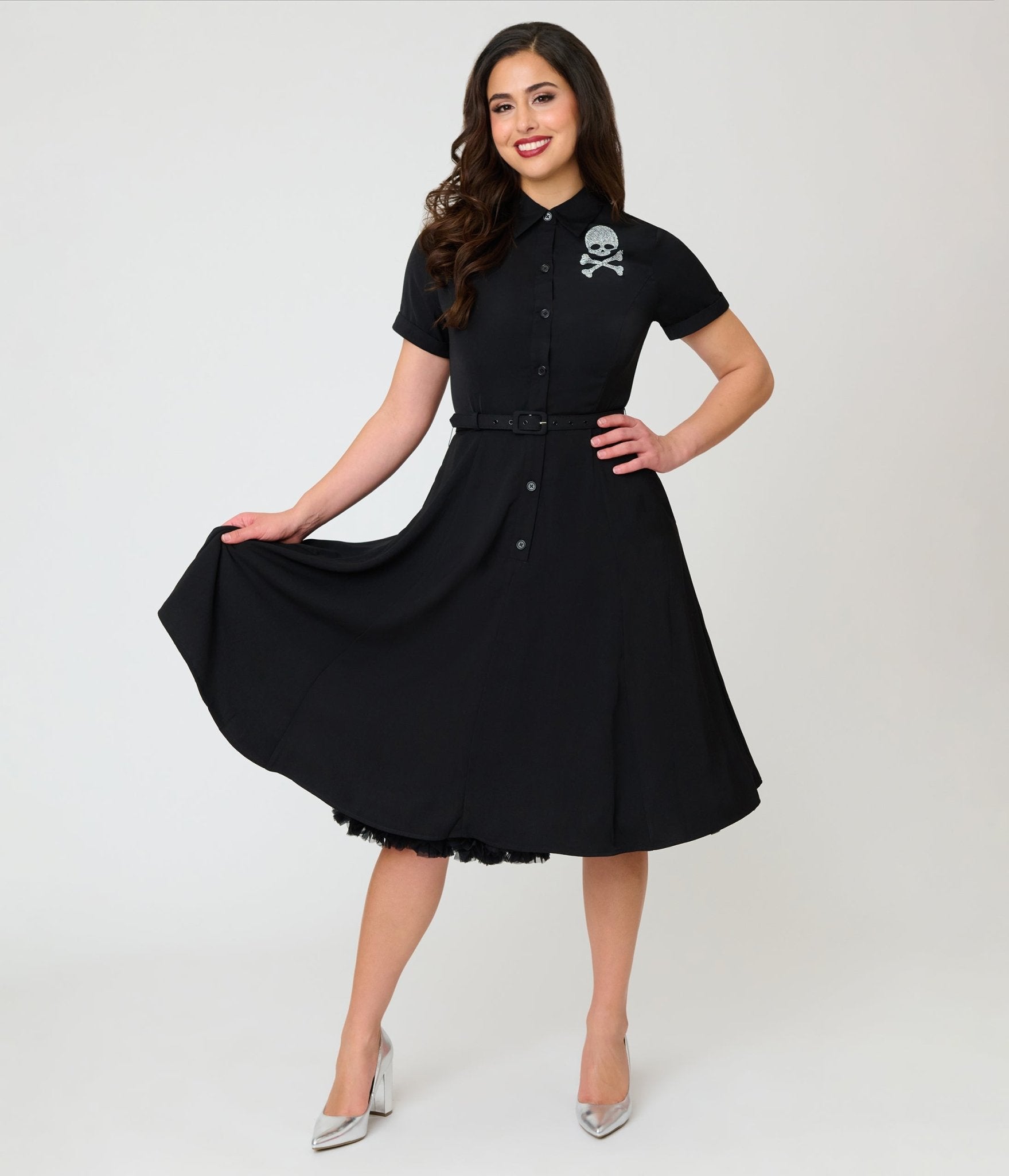 Unique Vintage Black & Rhinestone Skull Shadia Shirt Dress - Unique Vintage - Womens, DRESSES, SWING