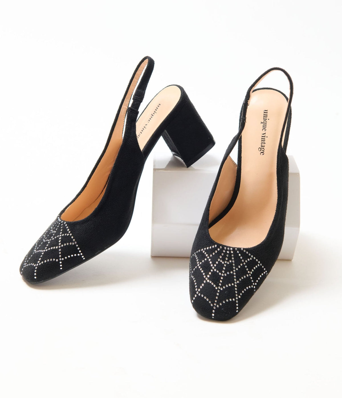 Unique Vintage Black Rhinestone Spiderweb Heels - Unique Vintage - Heels