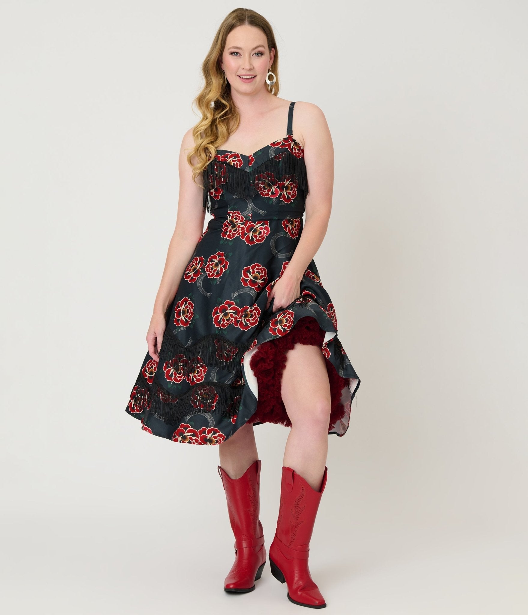 Unique Vintage Black & Rose Print Fringe Girlie Swing Dress - Unique Vintage - Womens, DRESSES, SWING