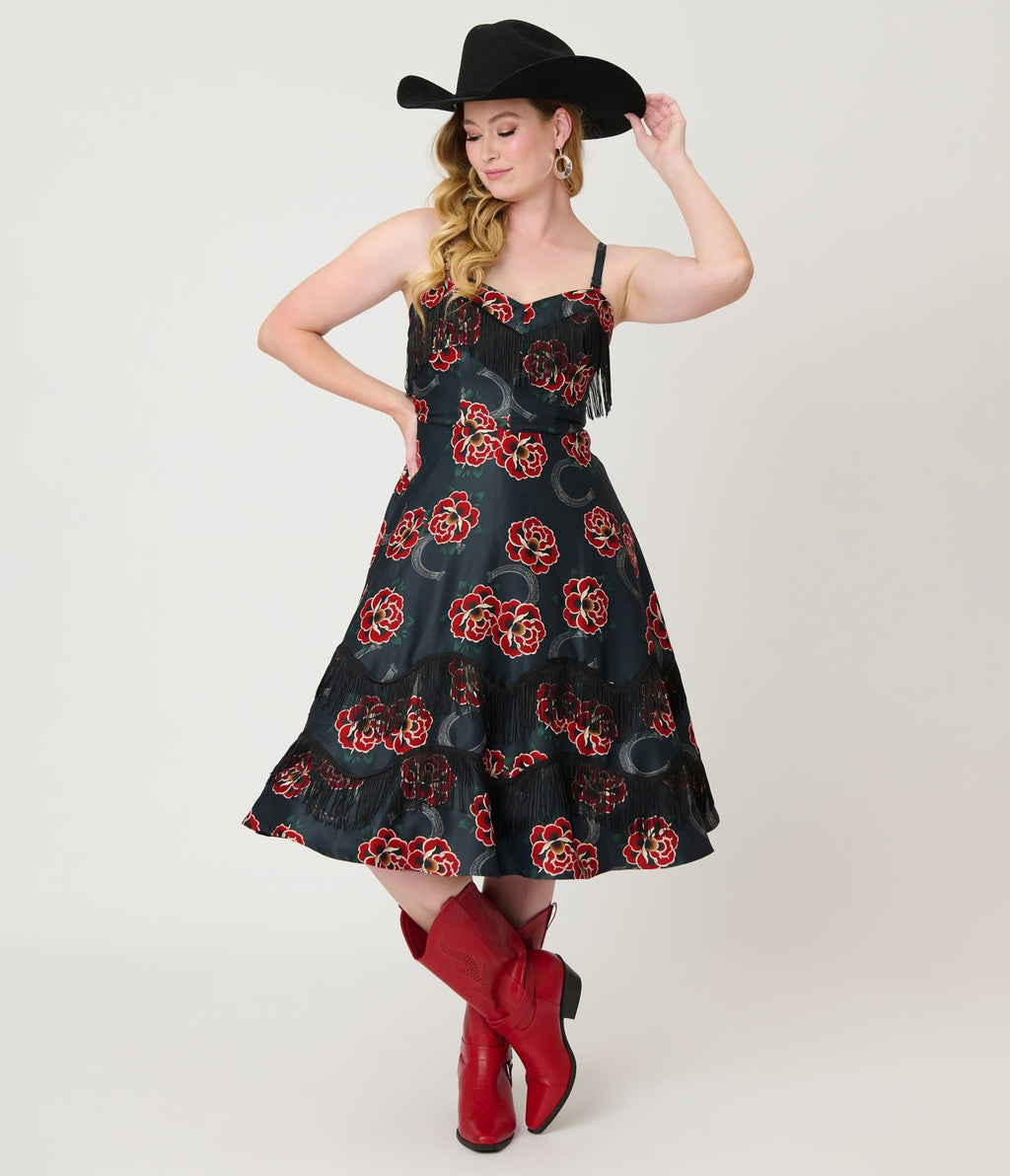 Unique Vintage Black & Rose Print Fringe Girlie Swing Dress - Unique Vintage - Womens, DRESSES, SWING
