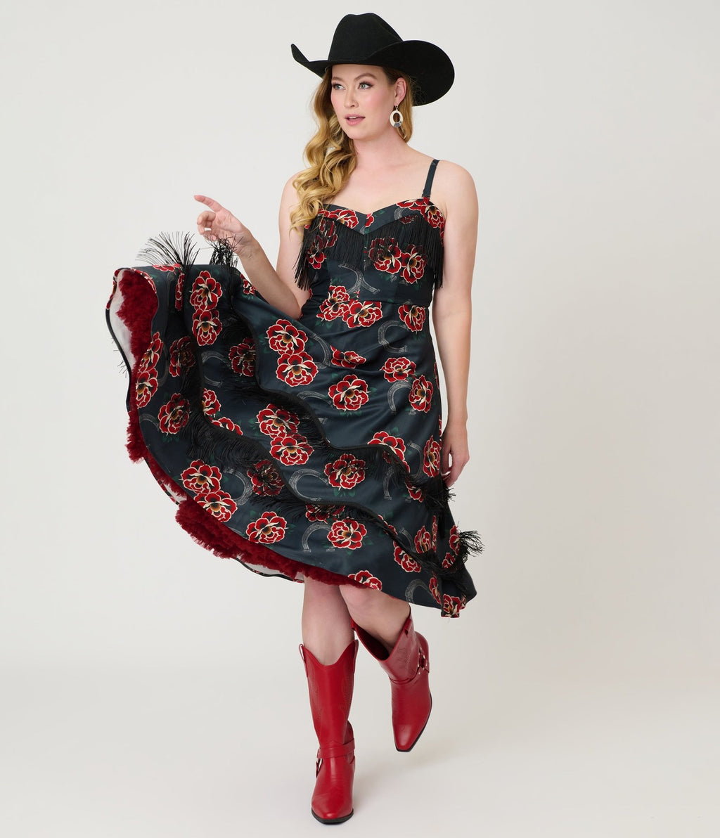 Unique Vintage Black & Rose Print Fringe Girlie Swing Dress - Unique Vintage - Womens, DRESSES, SWING