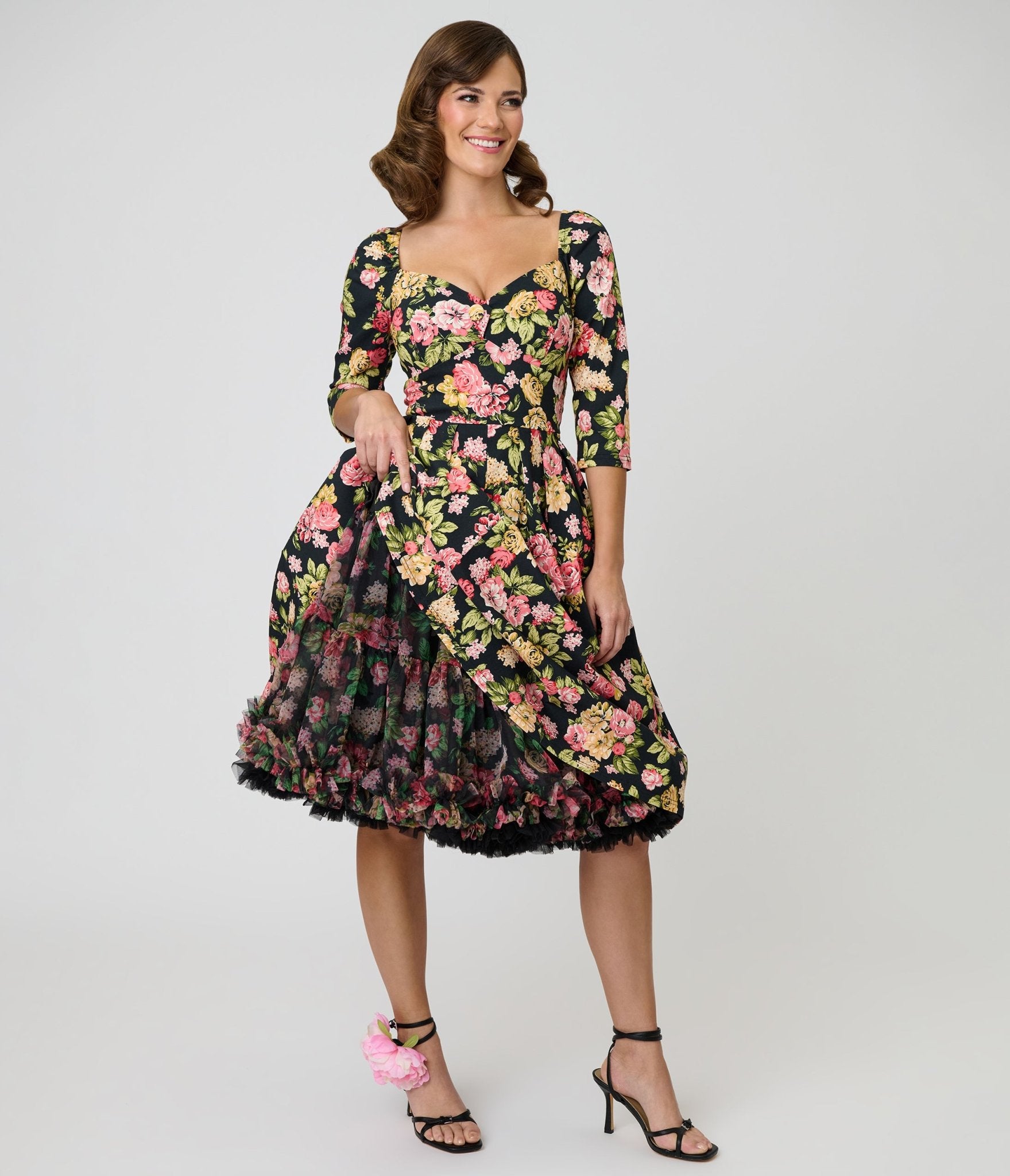 Unique Vintage Black Roses Ruffled Petticoat Crinoline One Size