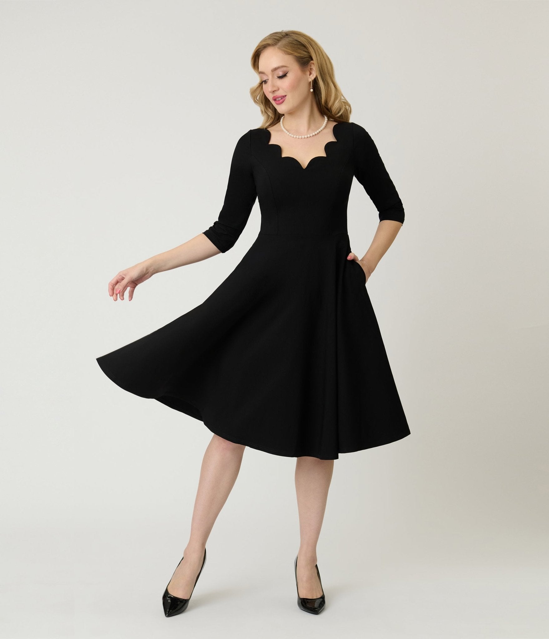 Unique Vintage Black Scalloped Neck Swing Dress - Unique Vintage - Womens, DRESSES, SWING