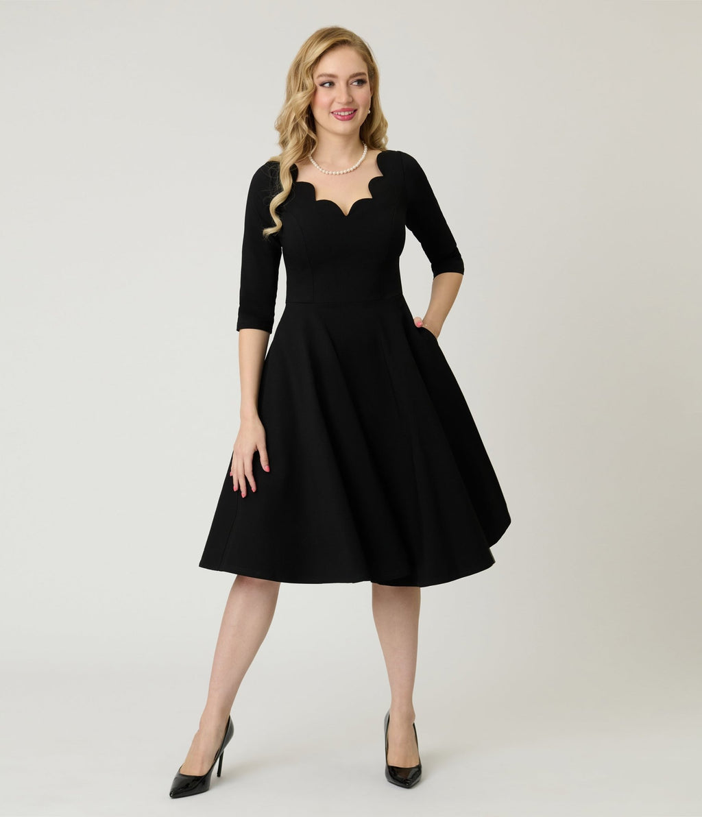 Unique Vintage Black Scalloped Neck Swing Dress - Unique Vintage - Womens, DRESSES, SWING