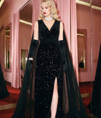 Unique Vintage Black Sequin Cape Gown - Unique Vintage -
