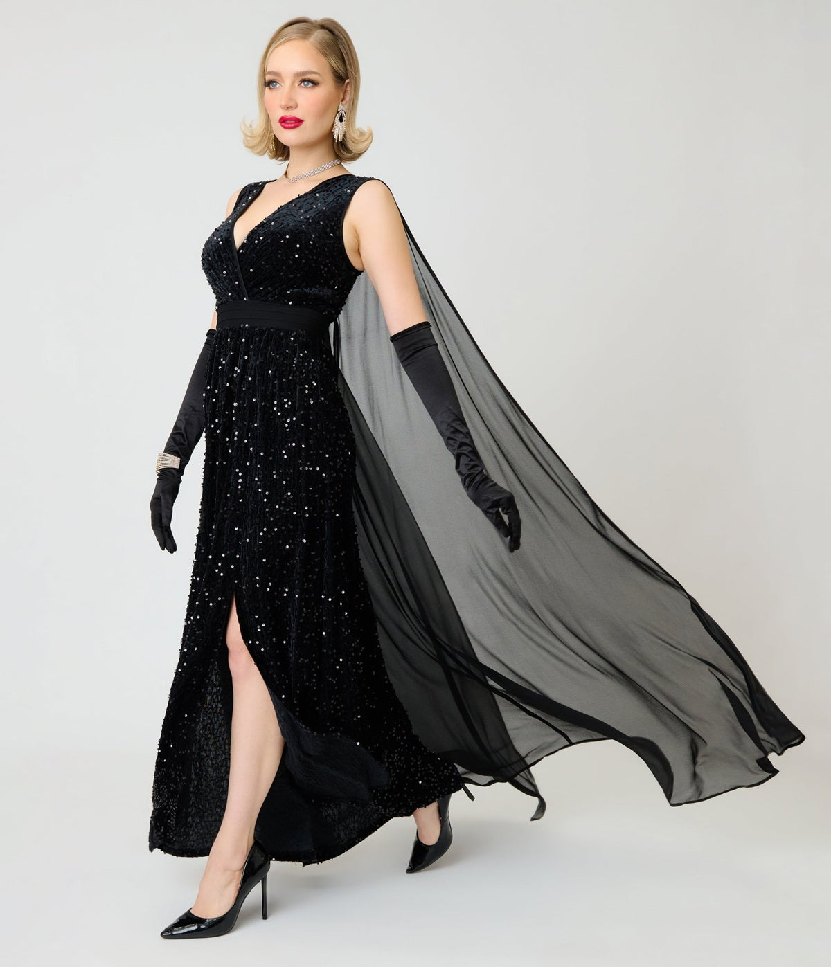 Unique Vintage Black Sequin Cape Gown - Unique Vintage -