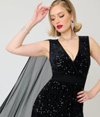 Unique Vintage Black Sequin Cape Gown - Unique Vintage -