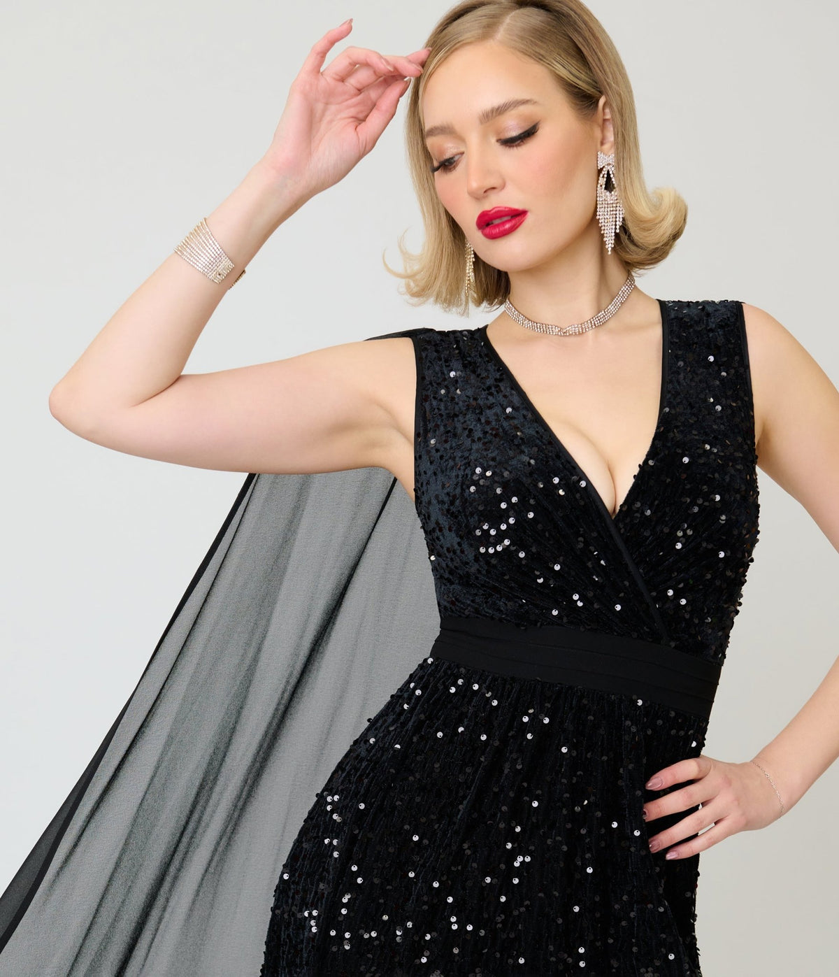 Unique Vintage Black Sequin Cape Gown - Unique Vintage -