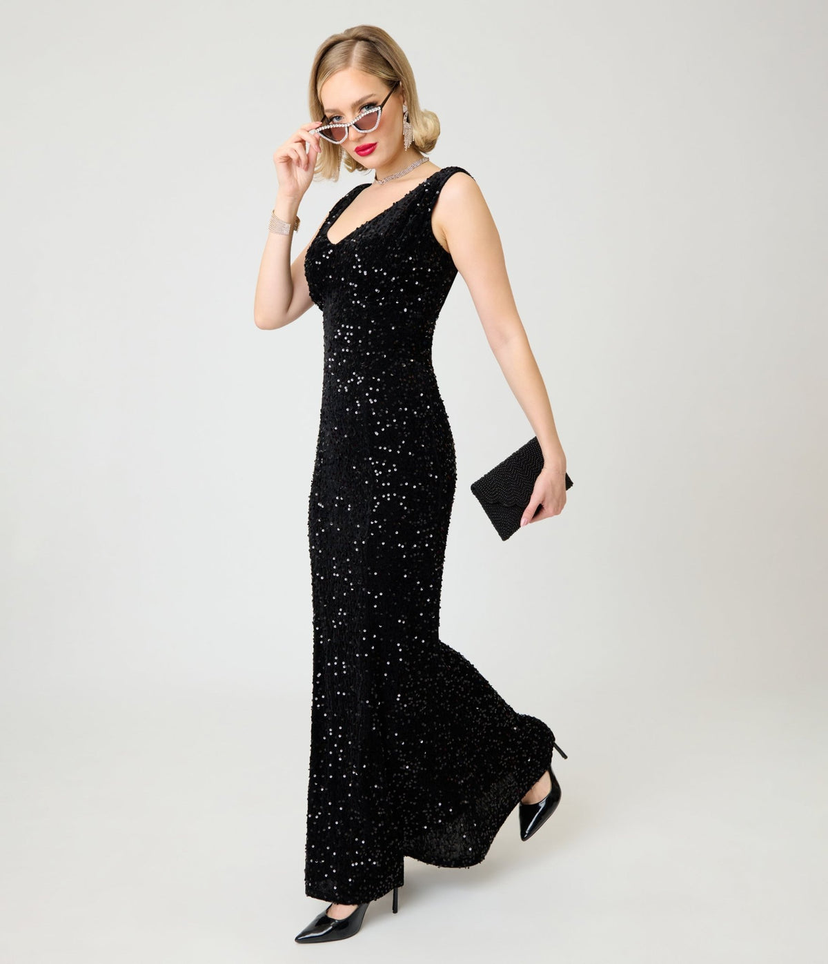 Unique Vintage Black Sequin Goldwyn Gown - Unique Vintage - Womens, DRESSES, MAXI